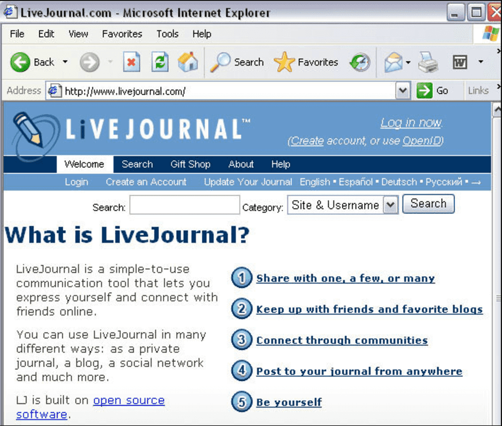 Screenshot of the old LiveJournal homepage, circa 2006