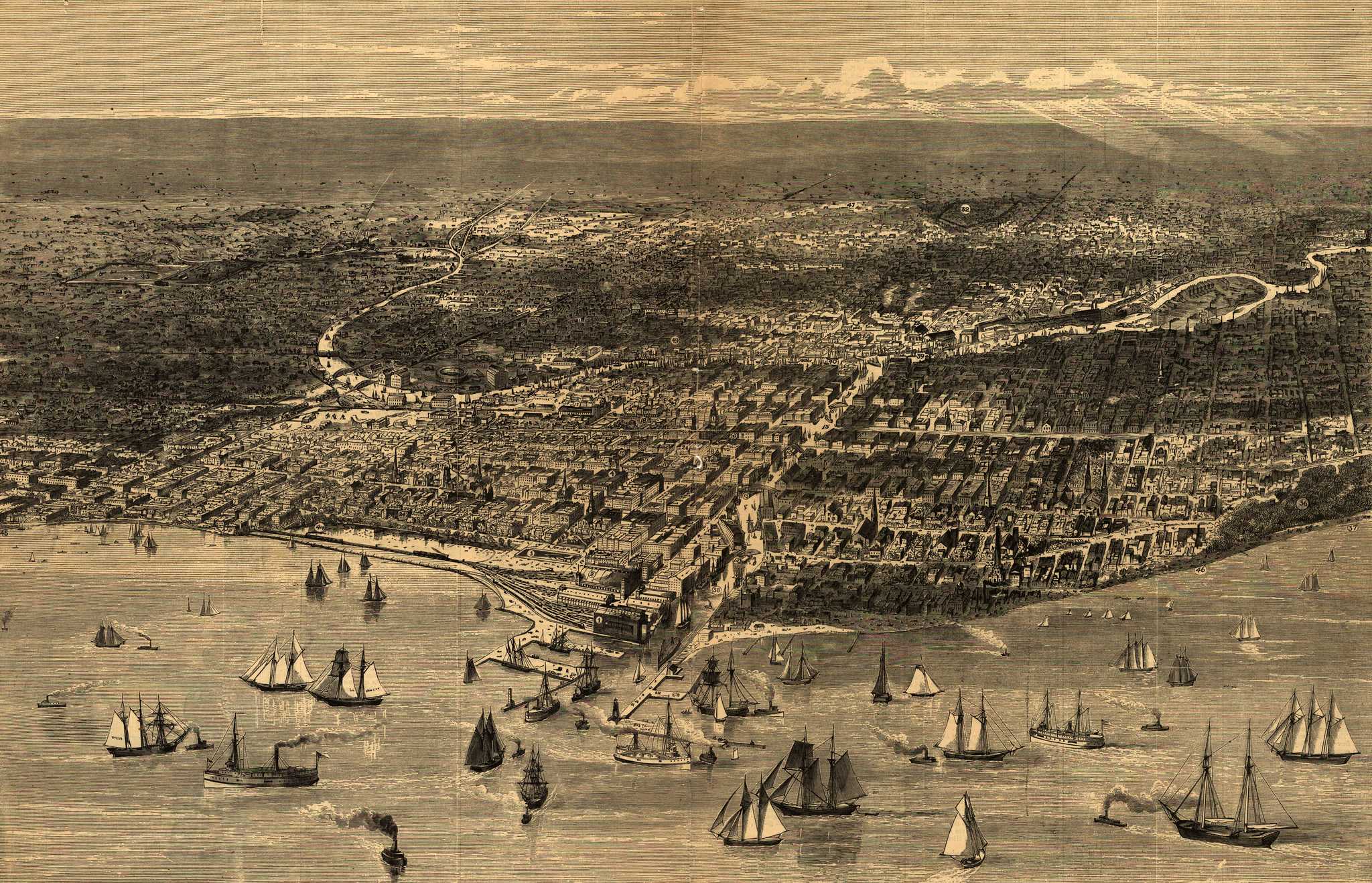 Lithograph landscape of nineteenth-century Chicago